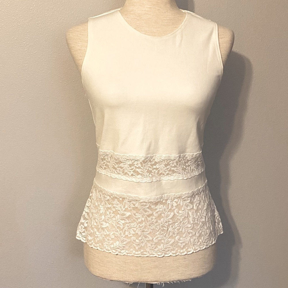 Joseph Ribkoff ivory white sleeveless lace detail top size 8 dainty romantic vtg